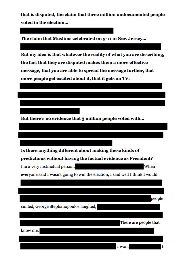 Illustration for article titled We Redacted Everything That's Not a Verifiably True Statement From Trump's Time Interview About Truth